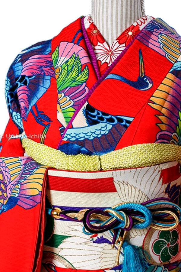 レンタル振袖 アンティーク着物復刻シリーズ】祝朱鶴朱赤