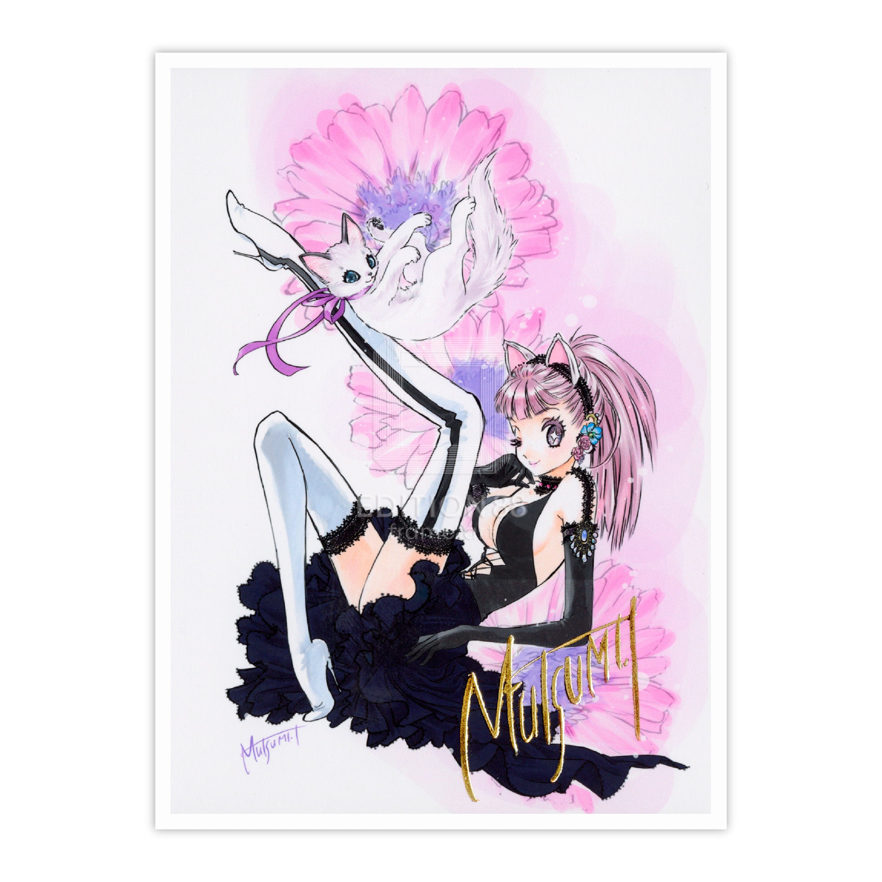 いのまたむつみ ミニ版画(猫)「青い花」直筆サイン入り/限定30枚