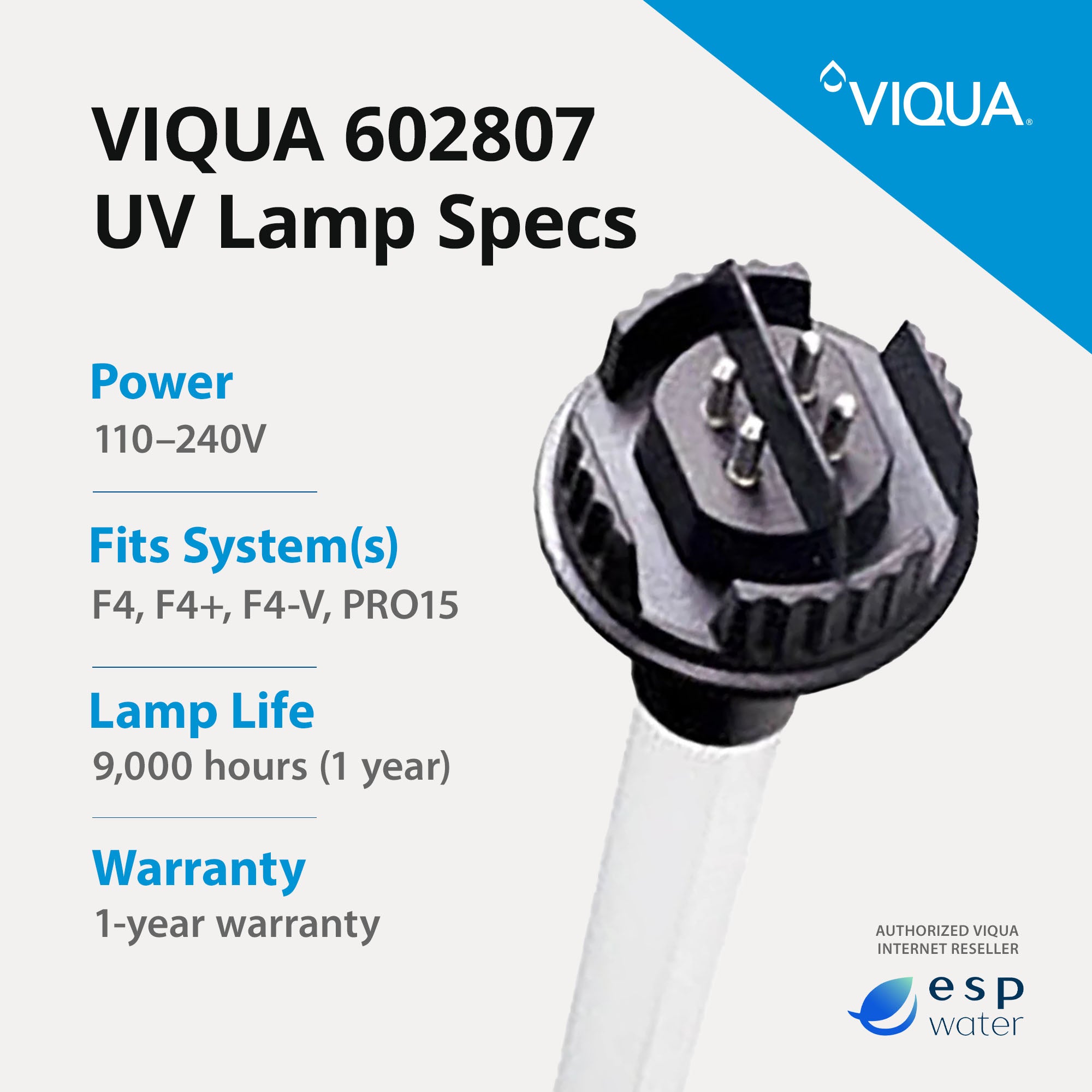 VIQUA 602807 UV Lamp for F4, F4+, F4-V, PRO15 UV Systems – ESP Water