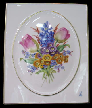 マイセン】花文レリーフ プラーク陶板 金縁付き マイセン】花文