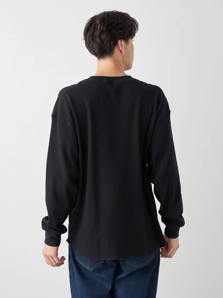 L．グレー 【EL.FO】無地ワッフル編みヘンリーネック長袖Tシャツ