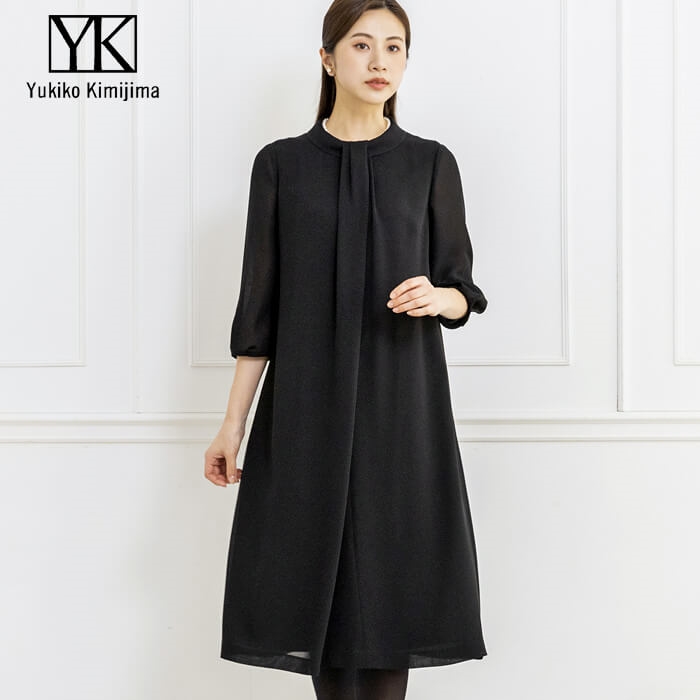 洗える｜ボータイ風の前開きワンピース 11号・ブラック｜東京