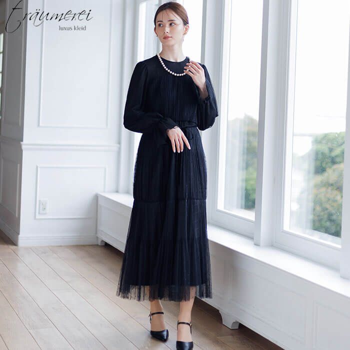 WEB限定｜ドットチュールプリーツドレス 9号・ブラック｜東京ソワール