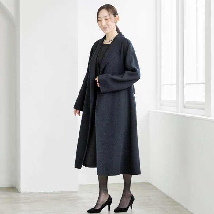 ベルト付｜カシミヤ混のウールコート L・ブラック｜東京ソワール