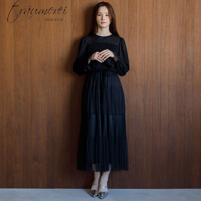 WEB限定｜ドットチュールプリーツドレス 9号・ブラック｜東京ソワール