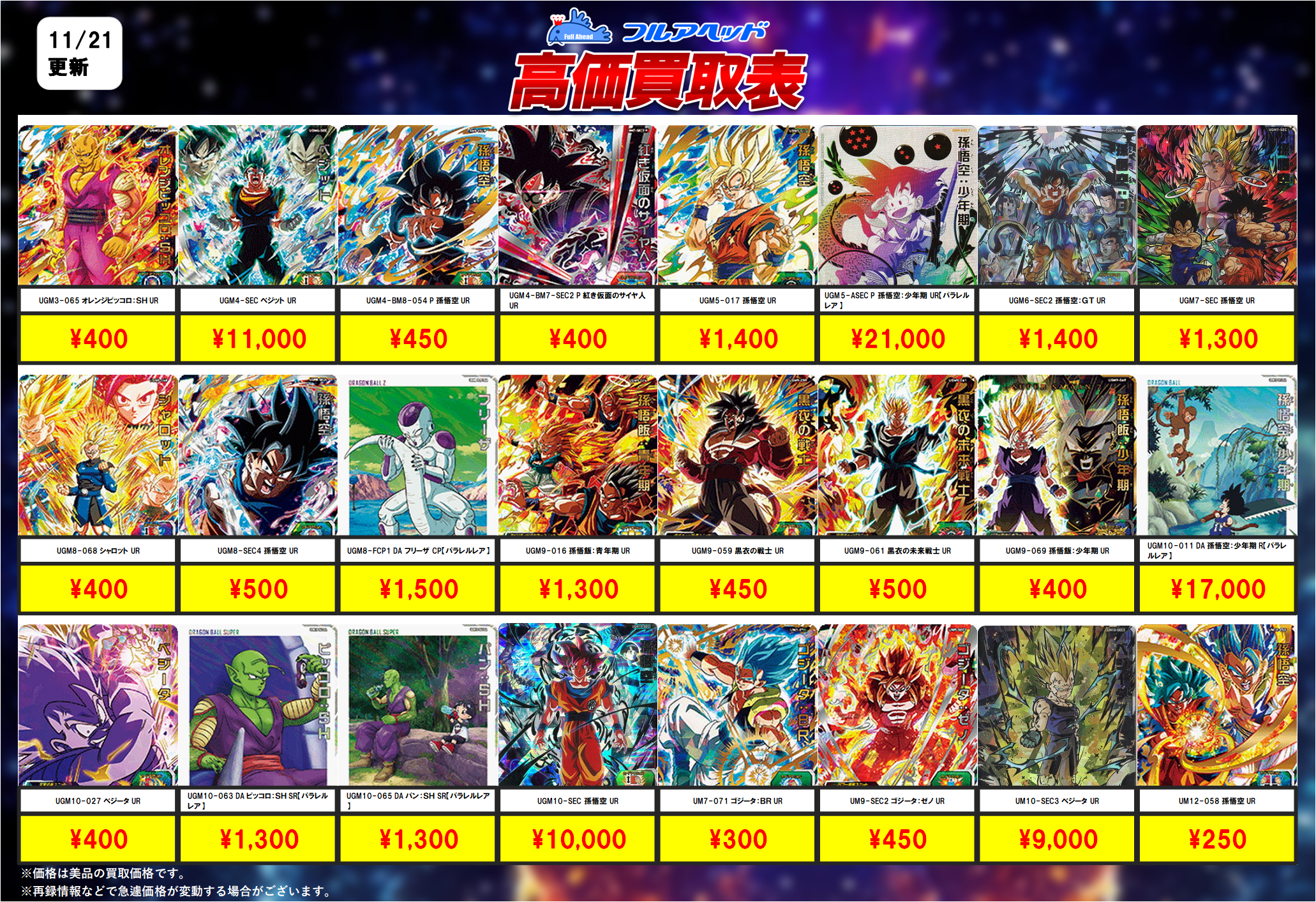 ドラゴンボールヒーローズ】買取表、販売価格の調整を行いました！