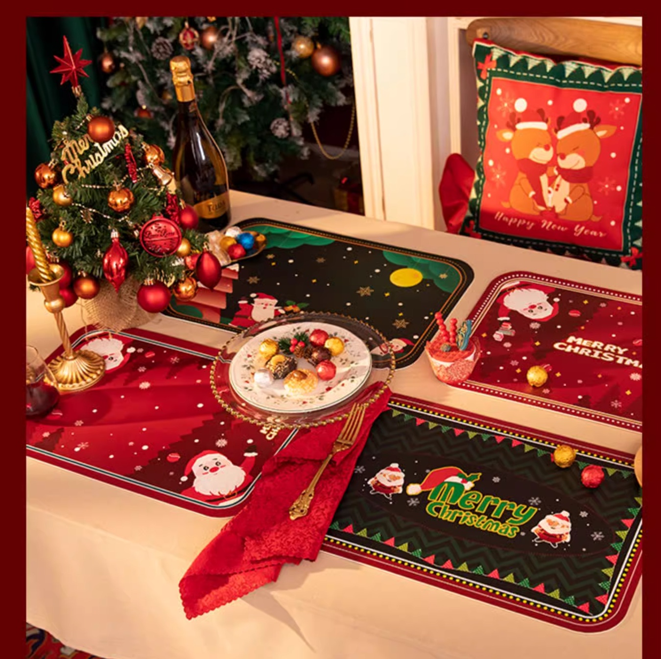 クリスマス柄・耐熱・防水ランチョンマット 【グリーンスノウ