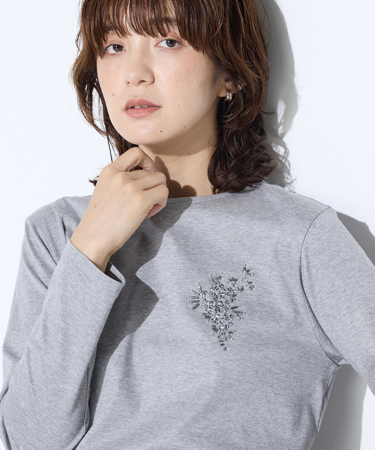 TALLサイズ 〕 スーピマバイオシルスムース ビジュー刺繍Tシャツ（34