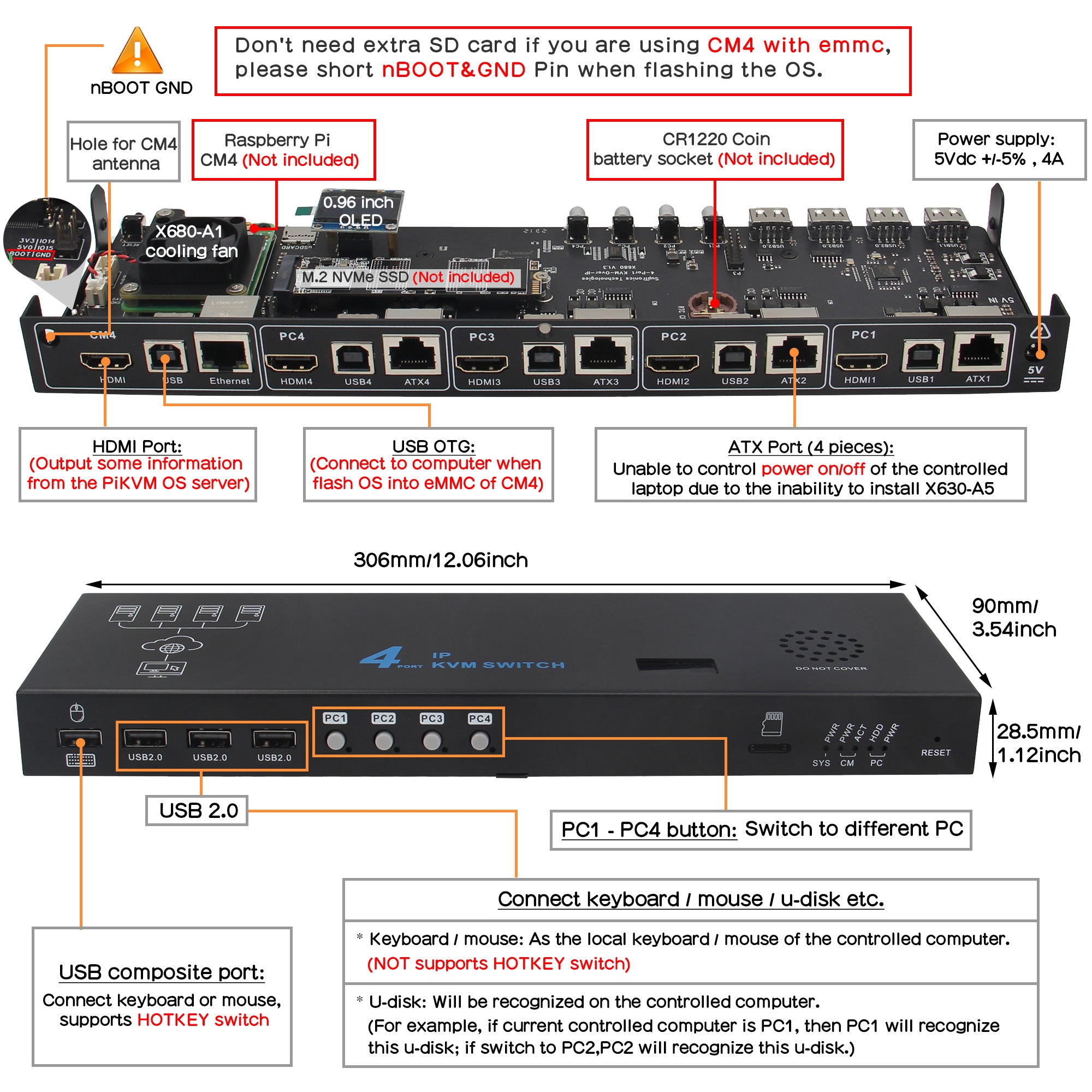 Geekworm X680 4-port IP KVM Switch for Raspberry Pi Compute Module 4(C