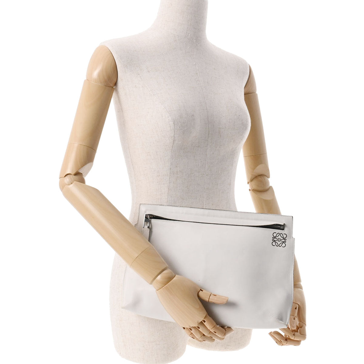 ロエベTポーチ 白 シルバー金具 メンズ レザー クラッチバッグ LOEWE