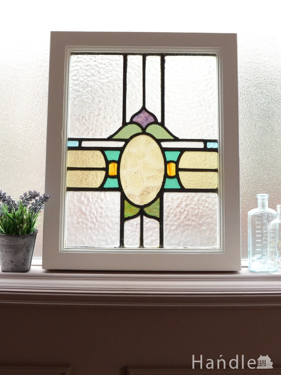 英国アンティークのステンドグラス、キレイな色のアンティークガラス(g