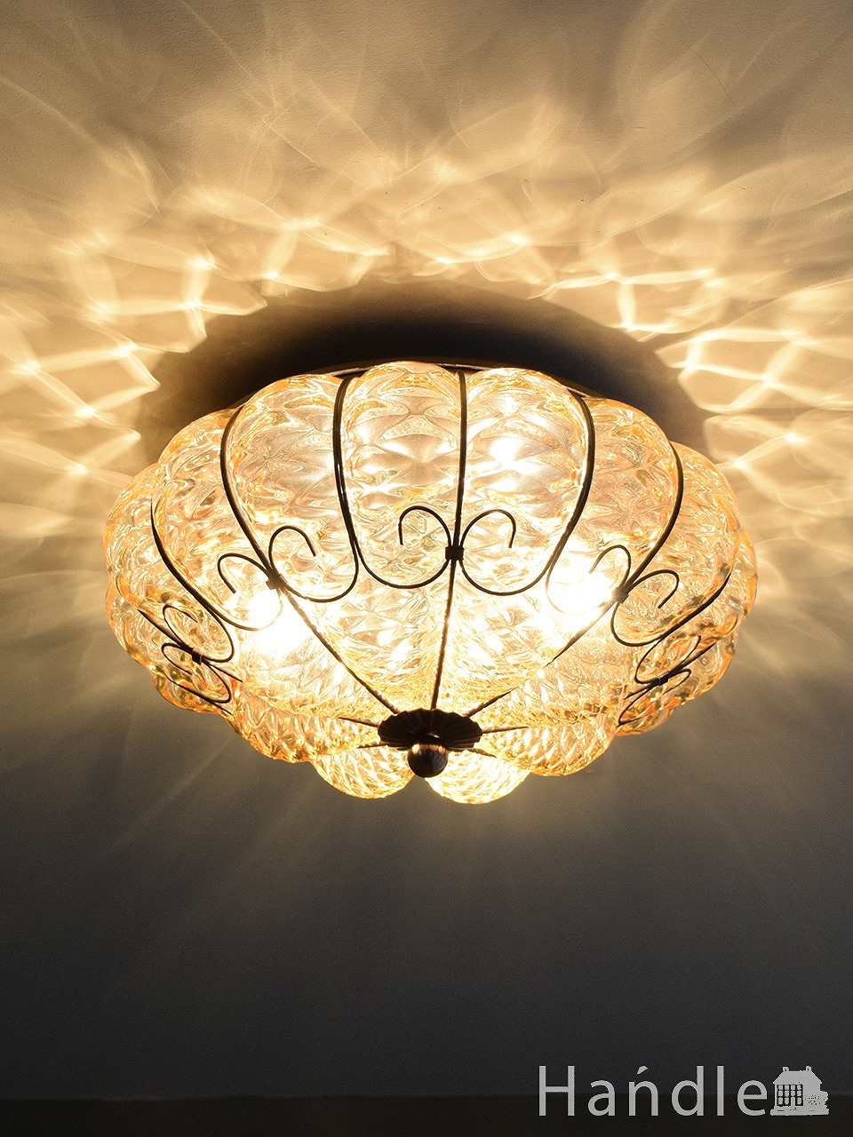 フランス ビンテージ エッチング装飾の卵型 ガラスランプ シーリング