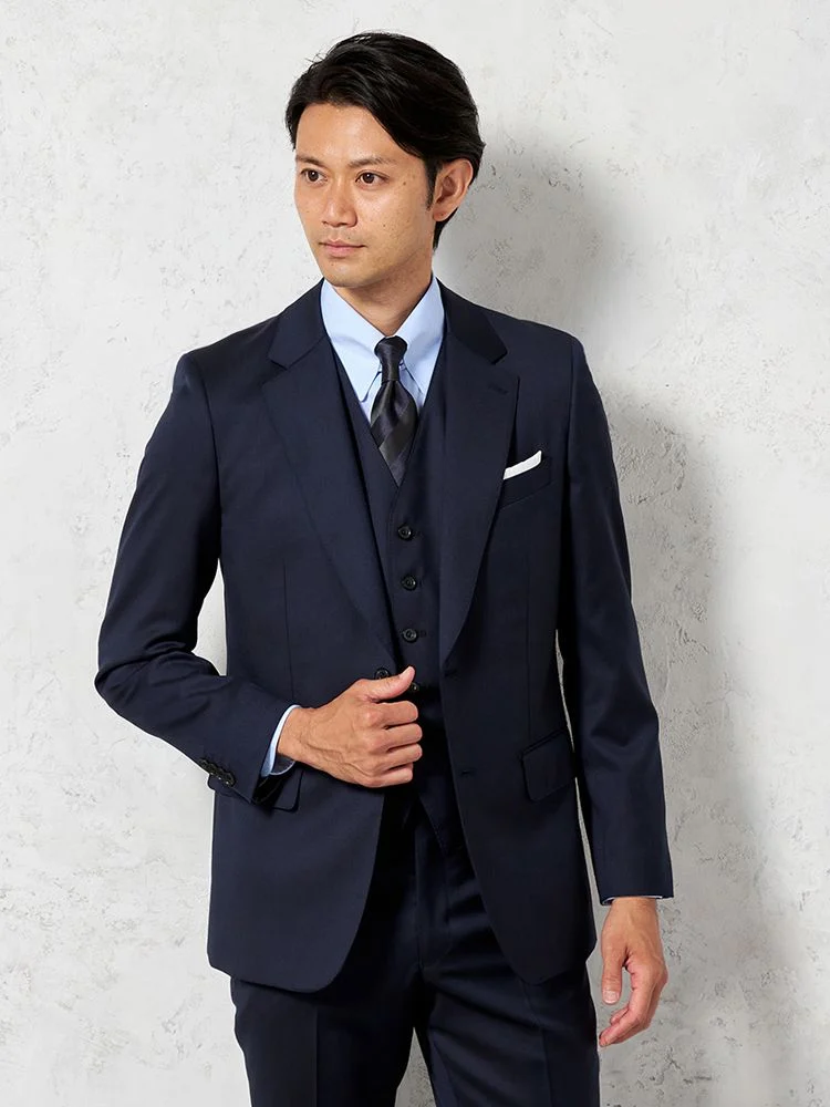 ネイビー 【ウール100%】スリーピーススーツ 2つボタン【REDA