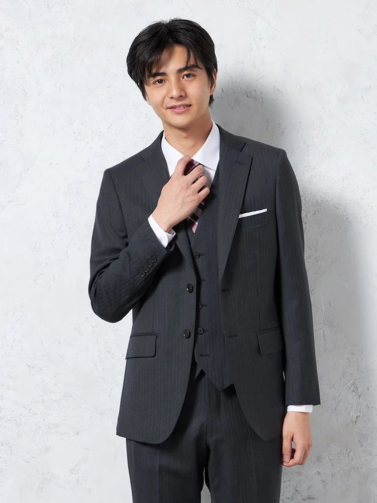 ウール混】スリーピーススーツ 2つボタン キュプラ裏地 シャドウ