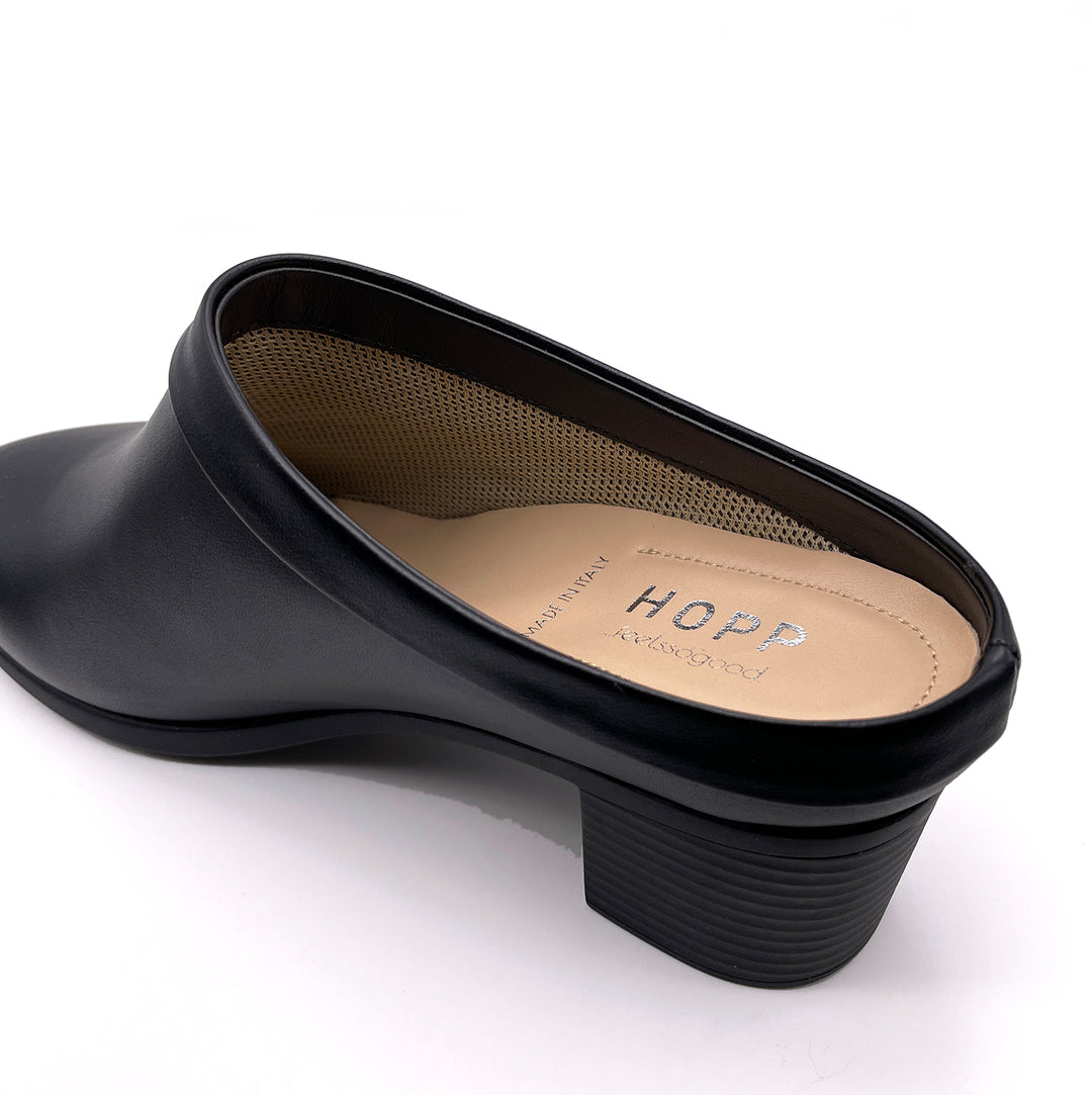 Collared Mule - Black Apple Leather. Comfortable and Chic Women's