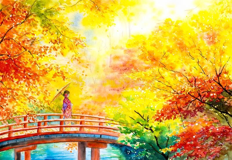 水彩画 秋の渓谷 荒木久夫 NO8