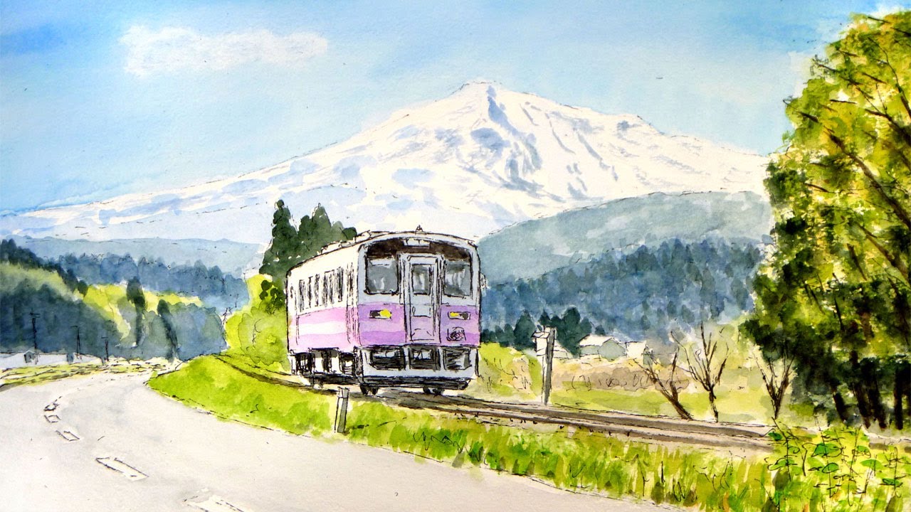 春色の列車／由利高原鉄道 【透明水彩風景画】 Spring train