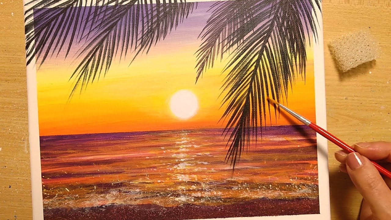 How to draw [Sunset / Tropical Sea] with acrylic paint / painting