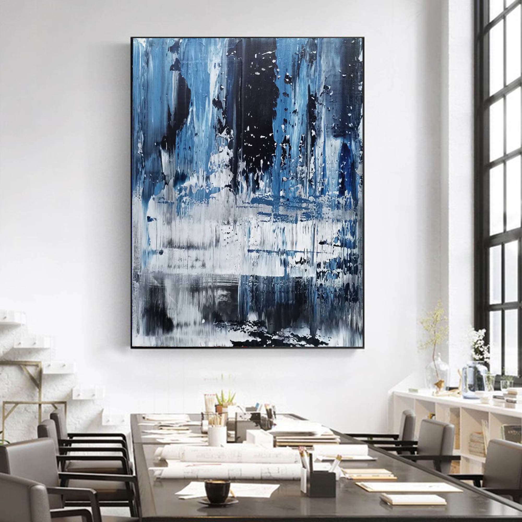 特大抽象アート、青い抽象画、モダンな抽象壁アート、リビングルームの