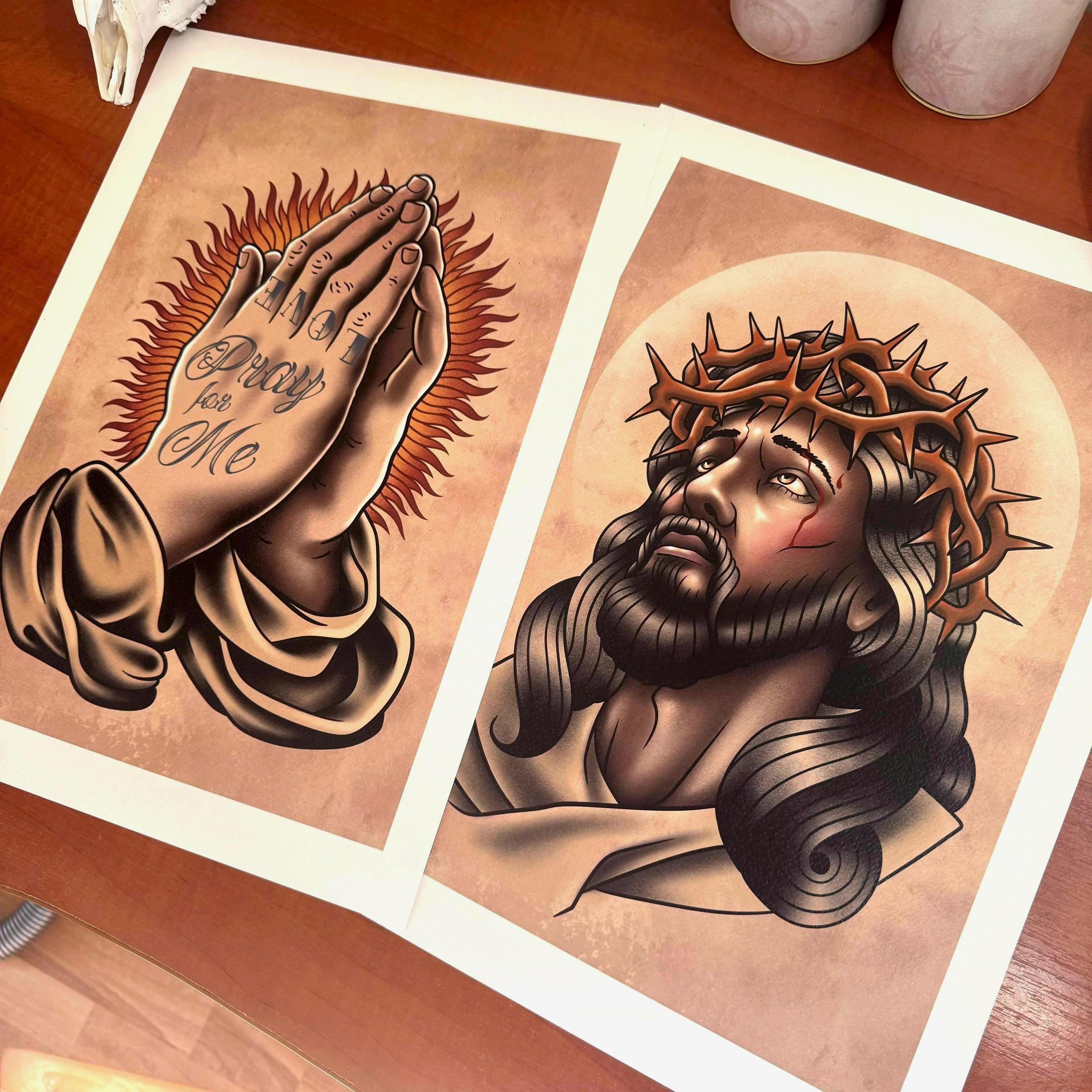 Traditional Tattoo Art Prints - Jesus & Praying Hands Set - Etsy