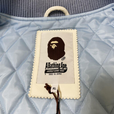 A Bathing Ape 22SS XL Leather Light Blue Crazy Patch Varsity