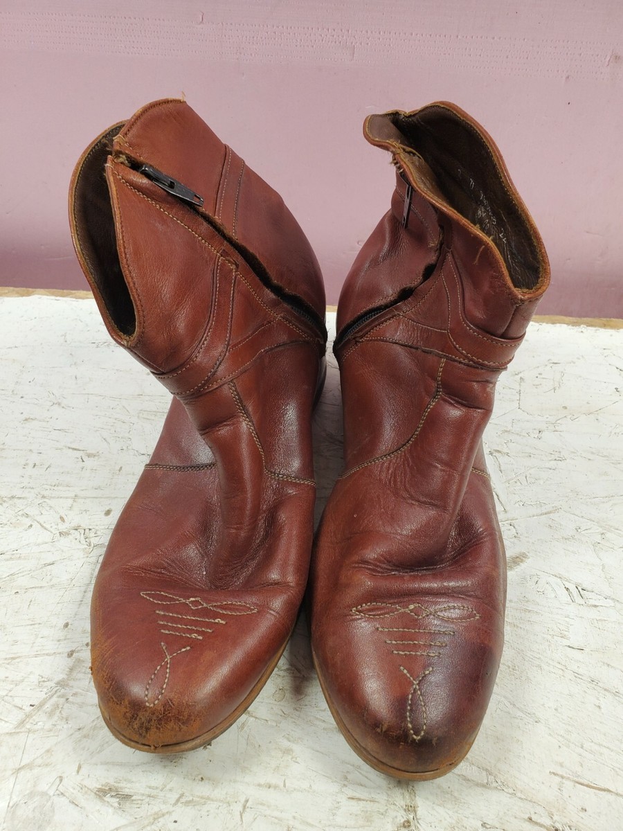Vintage 60s 70s Florsheim Brown Ankle Boots Zip Up Mod Disco