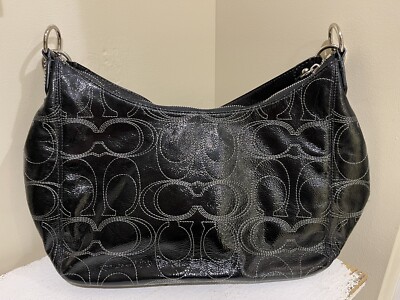 COACH SIGNATURE STITCHED BLACK PATENT LEATHER HOBO BAG STYLE