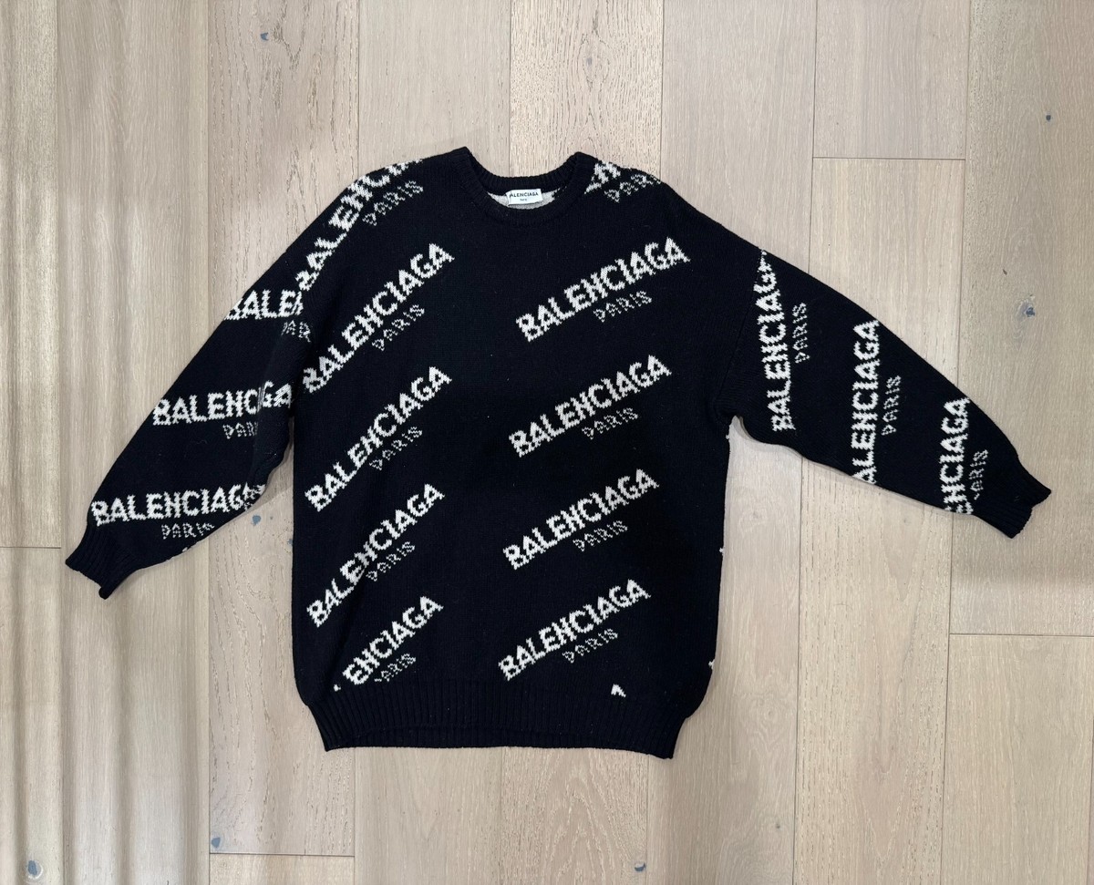 Balenciaga Black and White All Over Logo Wool Crew Neck Sweater