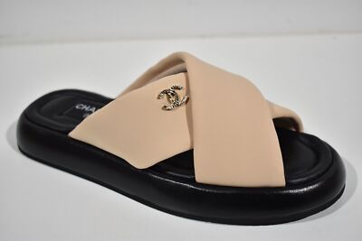 Chanel Beige Black Fabric Criss Cross Puffy CC Logo Slide Mule