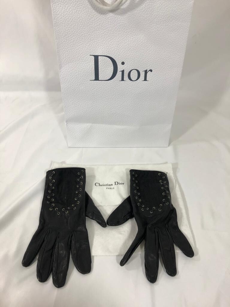 Authentic Christian Dior Womens Gloves Logo Black Leather Cotton