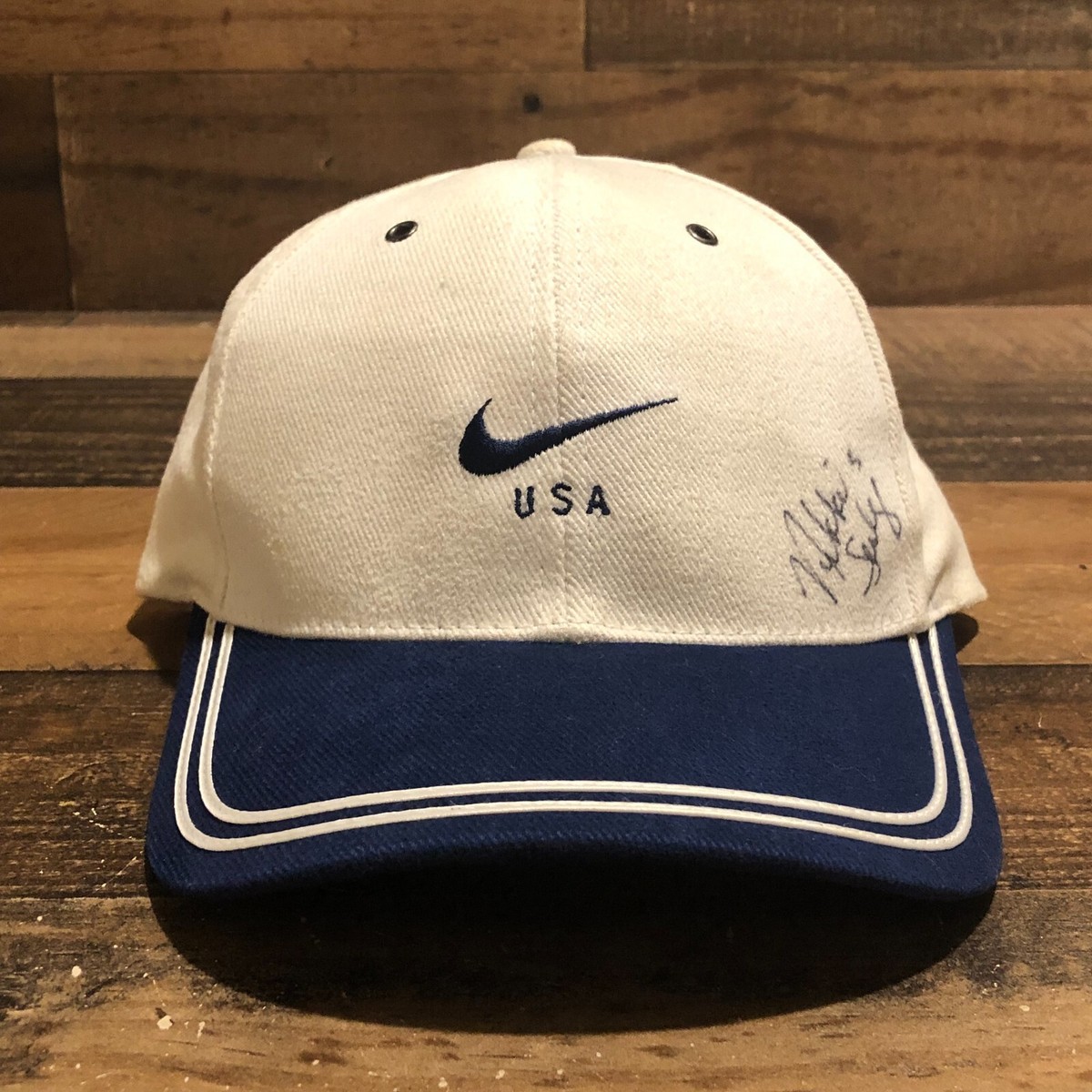 Vintage Nike Hat Strapback Cap Mens White Blue Swoosh 90s USA
