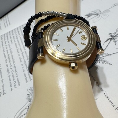 NWT! Authentic TORY BURCH Classic-T Ivory Dial Black Leather Strap