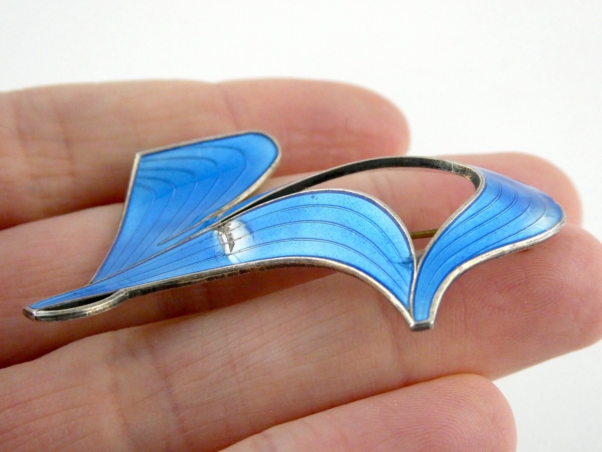 Ivar Holth Norway Sterling Silver Blue Enamel Modernist Shape