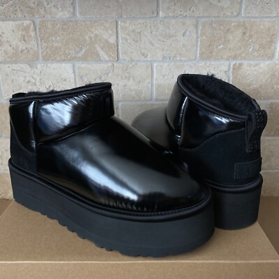 UGG Classic Ultra Mini Platform Hi Shine Black Textile Fur Boots