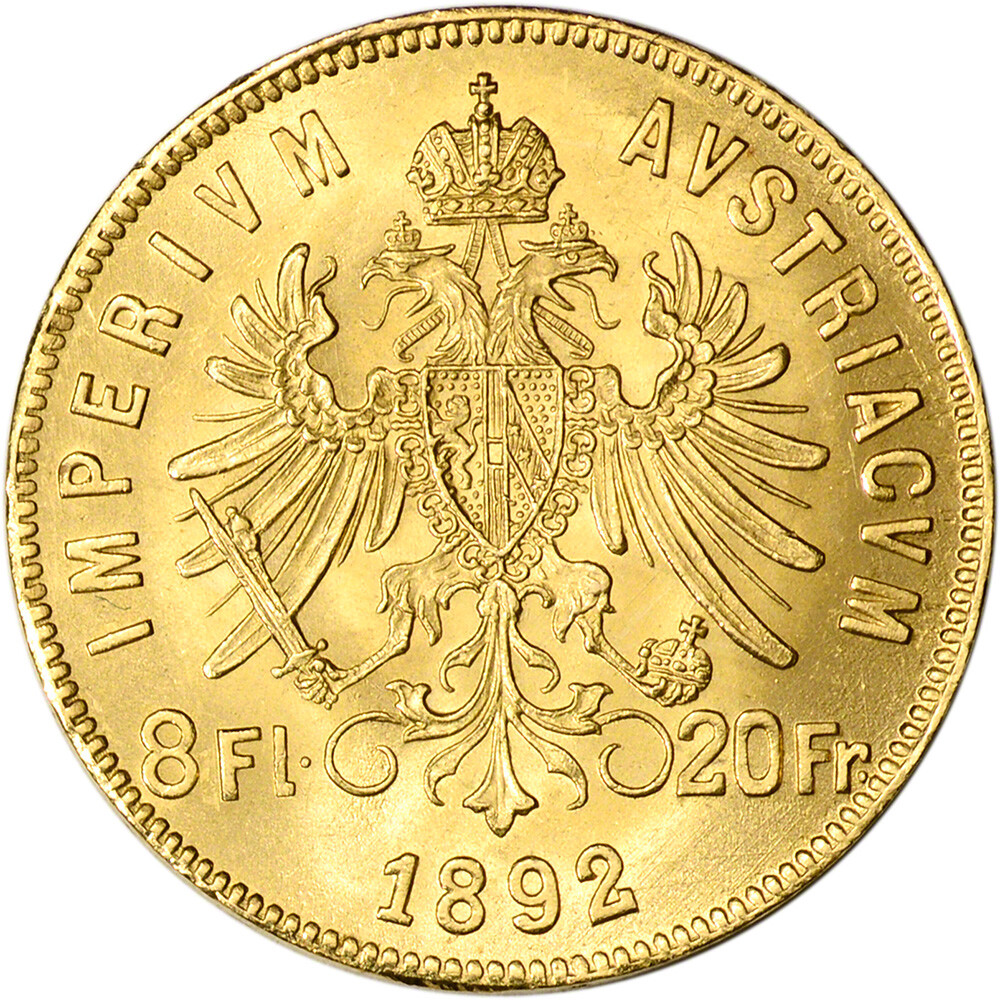 1892 Austria Gold 8 Florin/20 Francs .1867 oz - Franz Joseph I