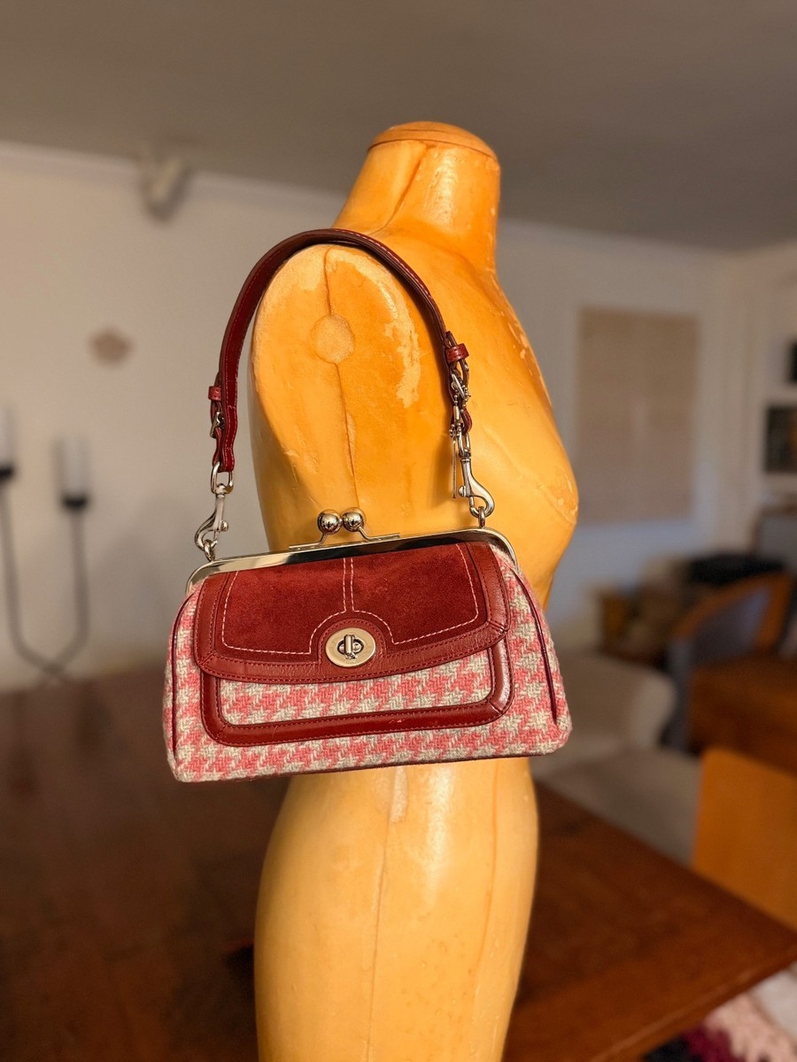 Coach Vintage Houndstooth Suede Kisslock Pink Maroon Handbag