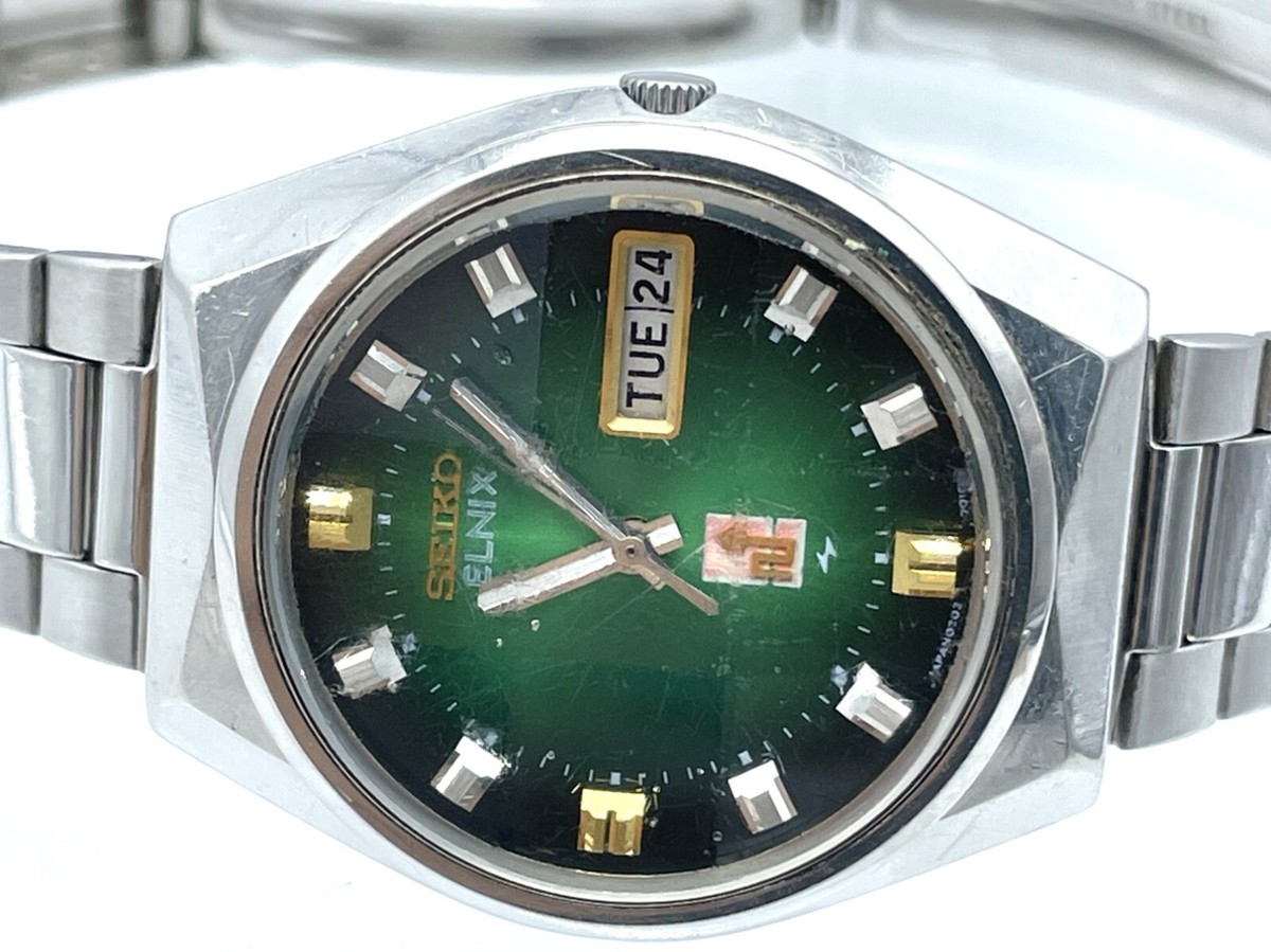Vintage SEIKO Elnix Watch 9-sided Green cut glass Electromagnetic