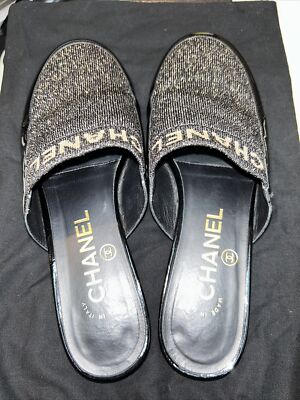 Chanel Interlocking CC Logo Black Fabric Size 4.5/35 Women's Mules