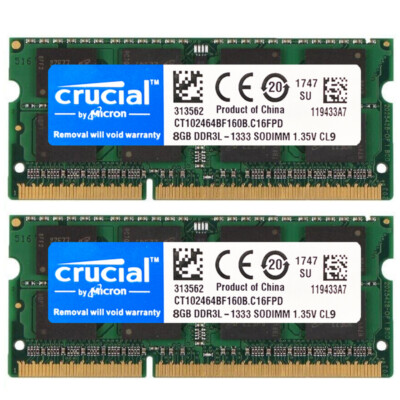 CRUCIAL DDR3L 16GB (8GB x2) 1333mhz PC3L-10600 Laptop SODIMM
