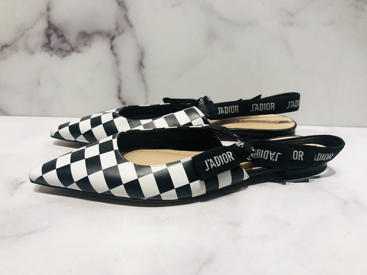Christian Dior J'adior Black White Leather Checkered Bow Flat