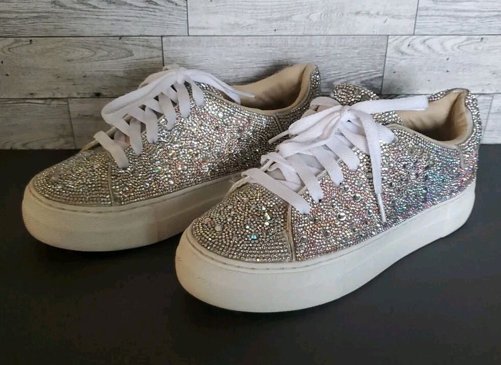 Betsey Johnson Womens SB-SUTON Silver Rhinestones Lace Up Sneaker