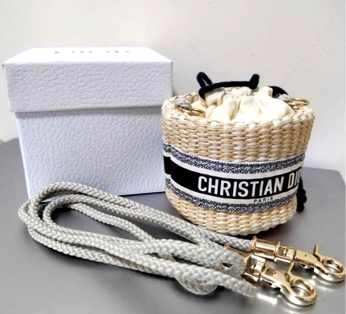 Christian Dior Straw Drawstring Pouch mini shoulder bag with box