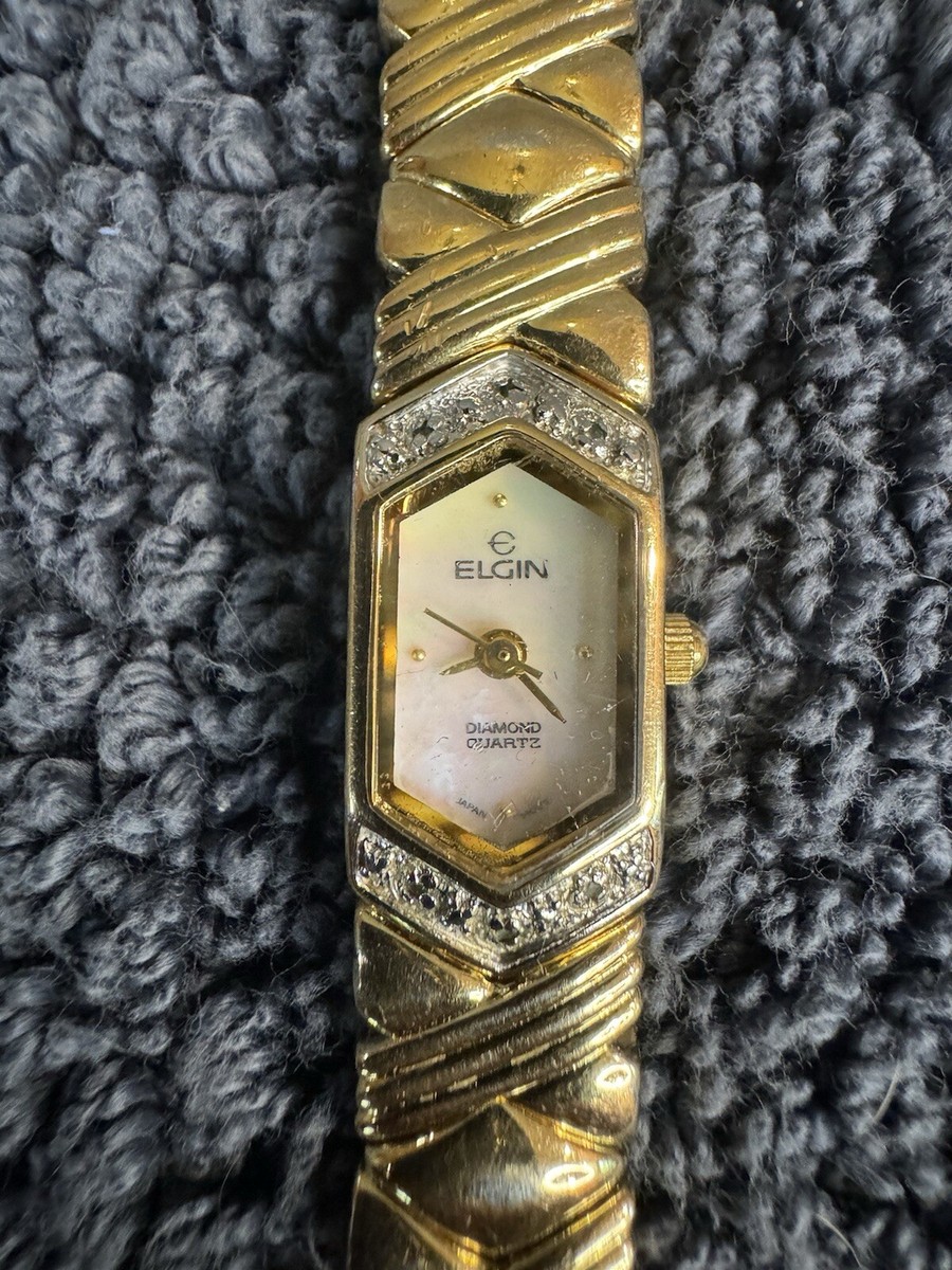Vintage ELGIN DIAMOND QUARTZ GOLD TONE WOMEN'S WRISTWATCH MOP DIAL