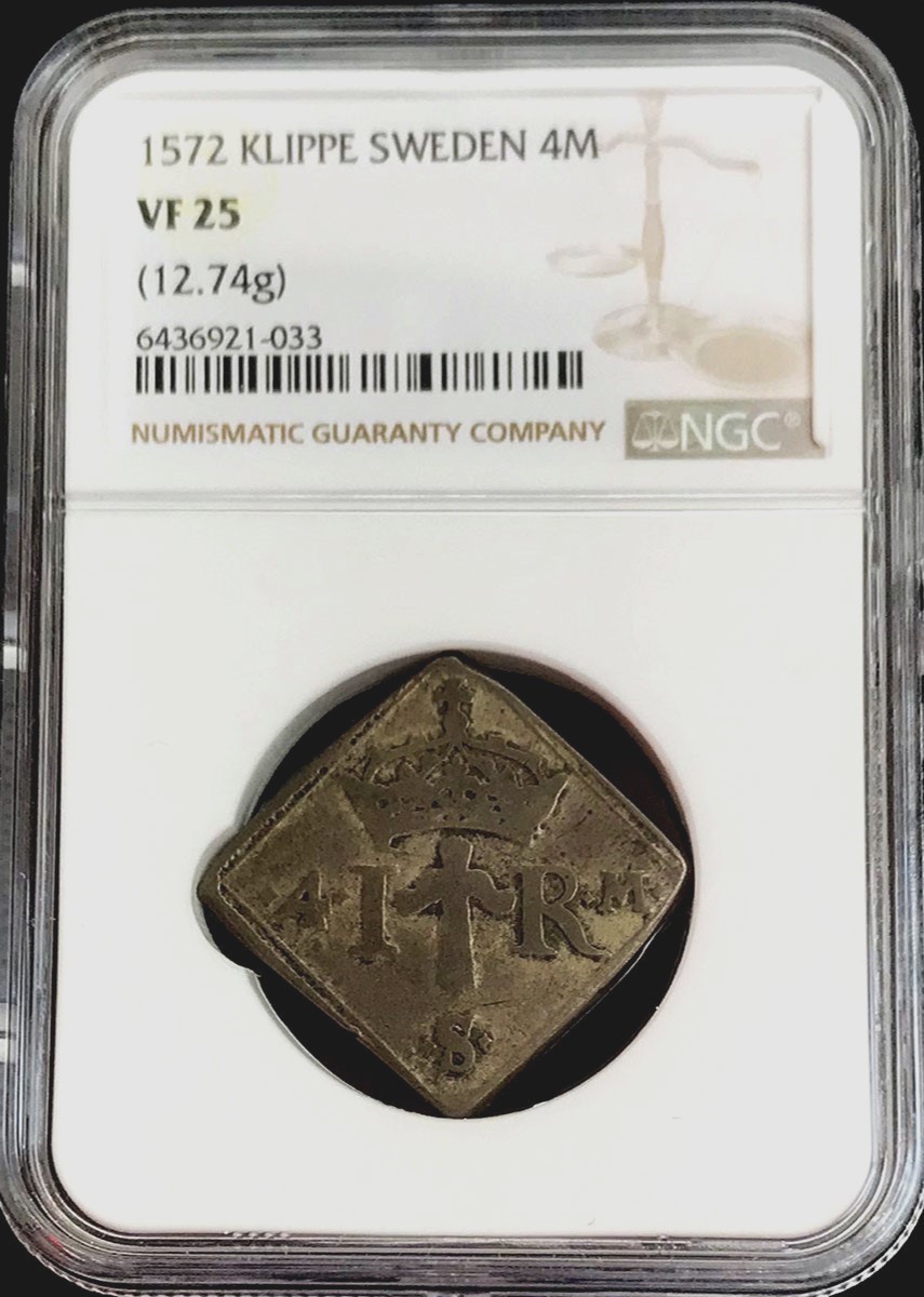 1572 SILVER SWEDEN KLIPPE 4 MARK JOHN III SIEGE COIN NGC VERY FINE