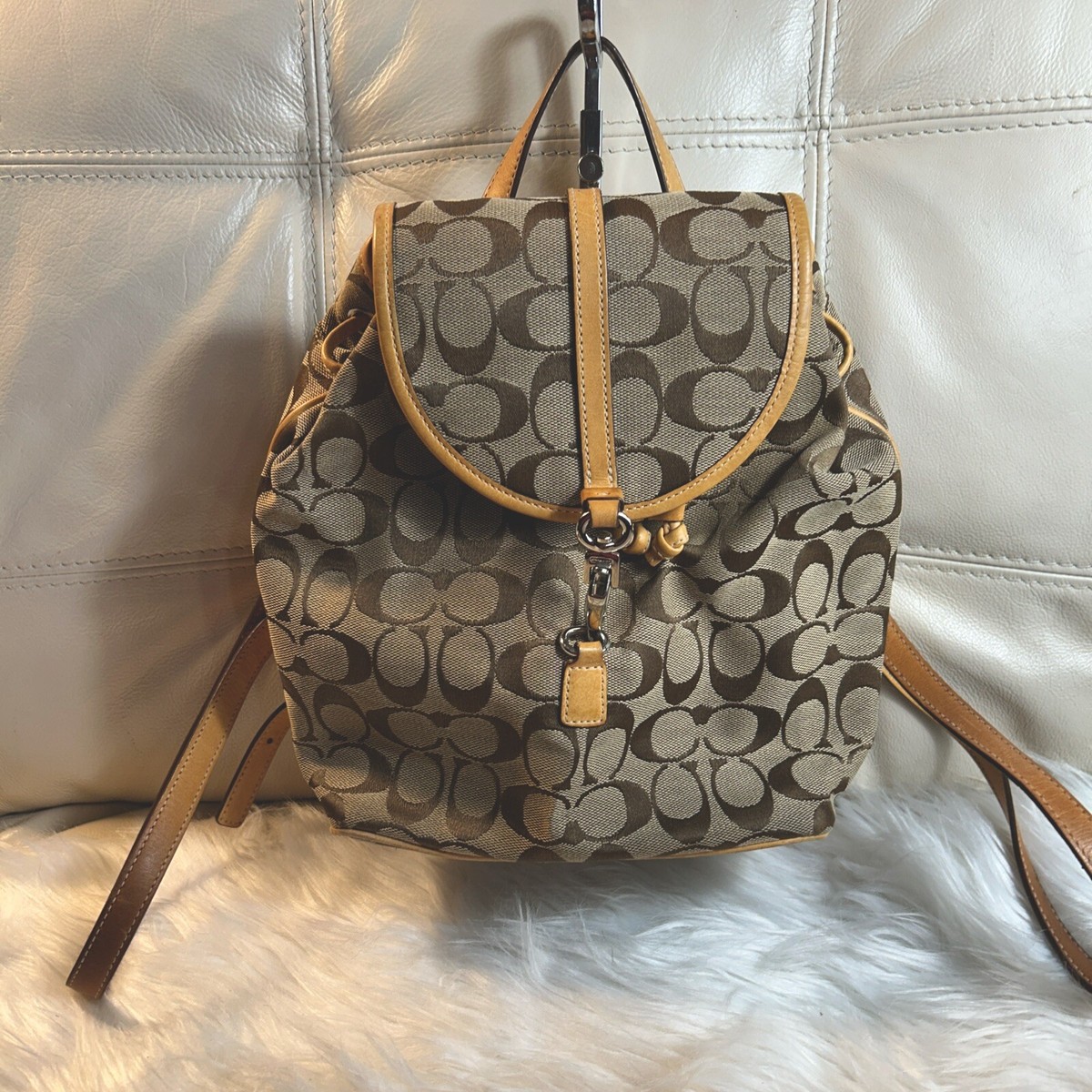 Vintage Coach Backpack Bag Signature Jacquard Brown Tan 06613 Rare