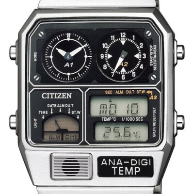 CITIZEN ANA-DIGI TEMP JG2101-78E Silver Watch 1980s Vintage