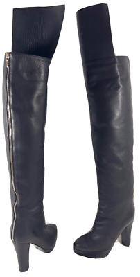 CHANEL CC Logo Black Leather Knee High Boots Made in Italy Marked