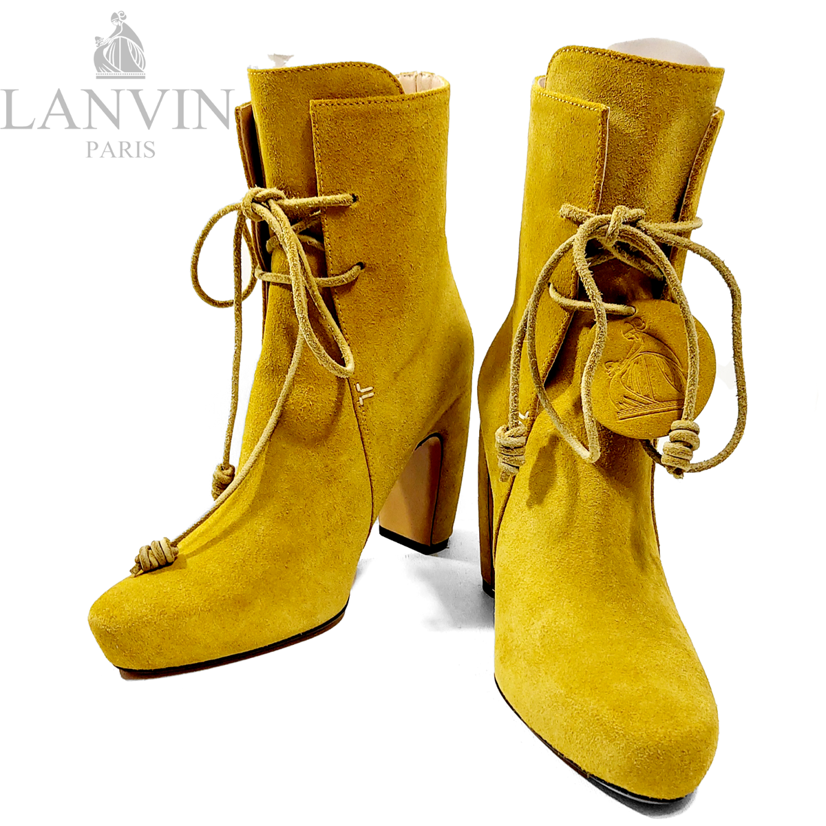 Lanvin Mustard Yellow Suede Heeled Lace-up Ankle Boots Size EU 37