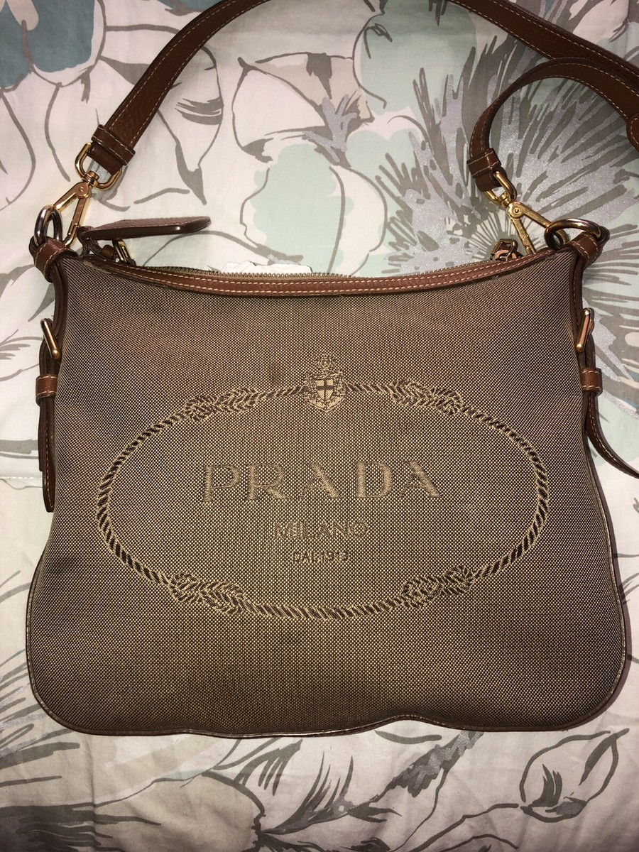 PRADA Brown Canvas Jacquard Logo Leather Crossbody Shoulder Bag