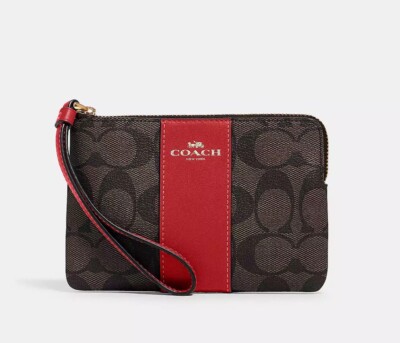 Coach Corner Zip Wristlet In Signature Canvas Brown Red 58035 New
